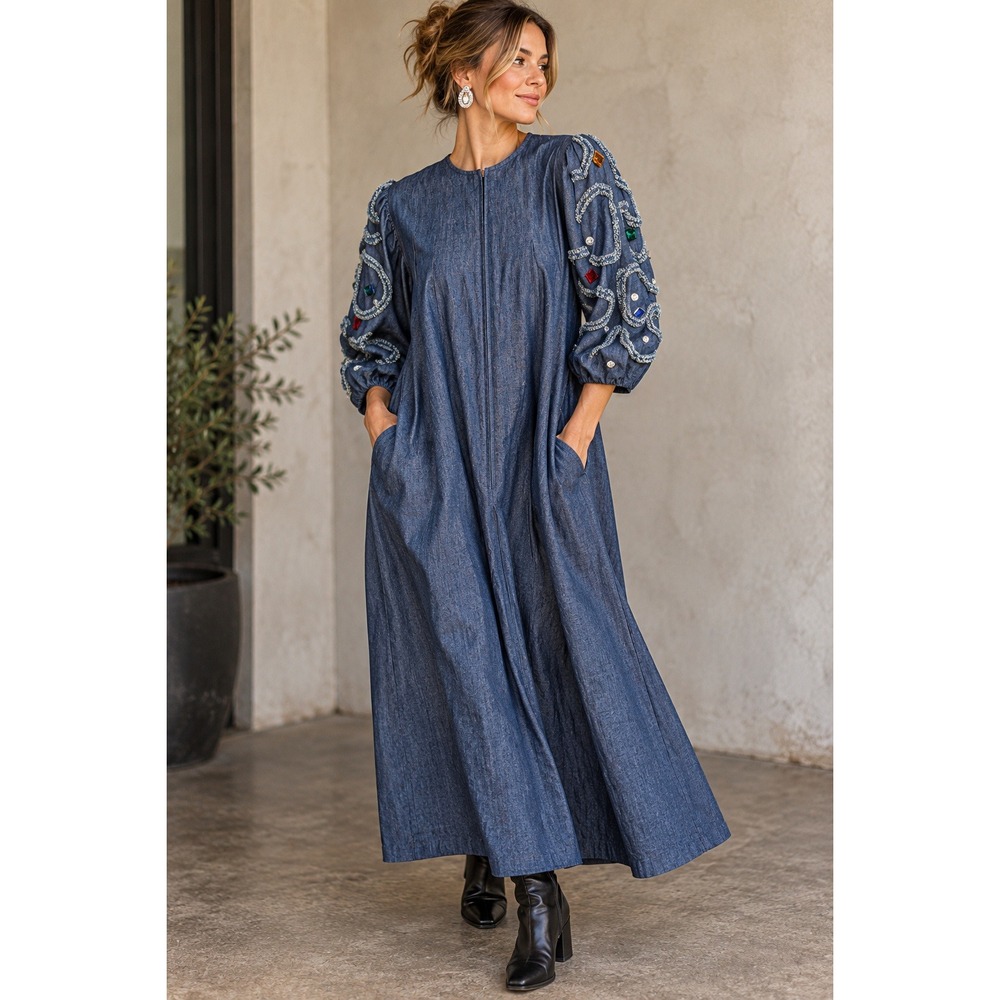 David Brown California Vintage Denim Maxi Dress Jeweled Embroidered Sleeves M